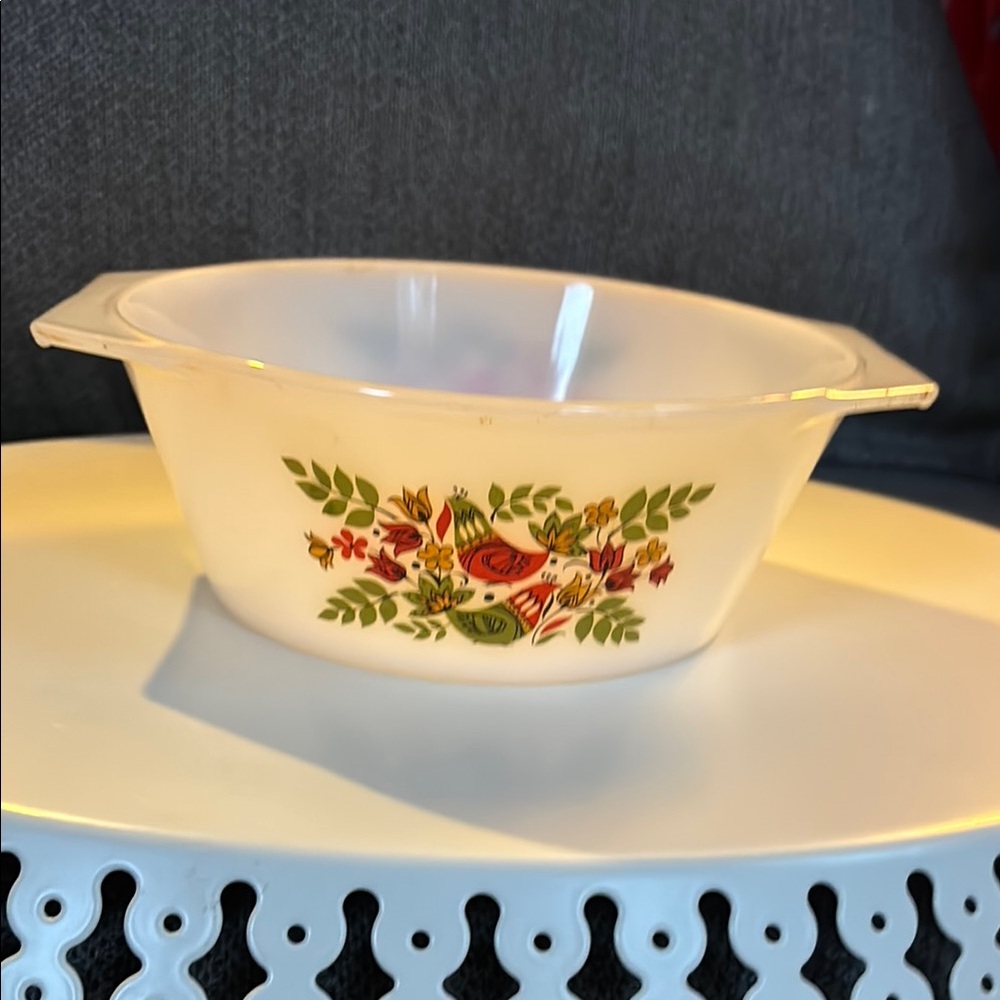 Vintage Arcopal France milk glass casserole dish, known for its durable, tempere